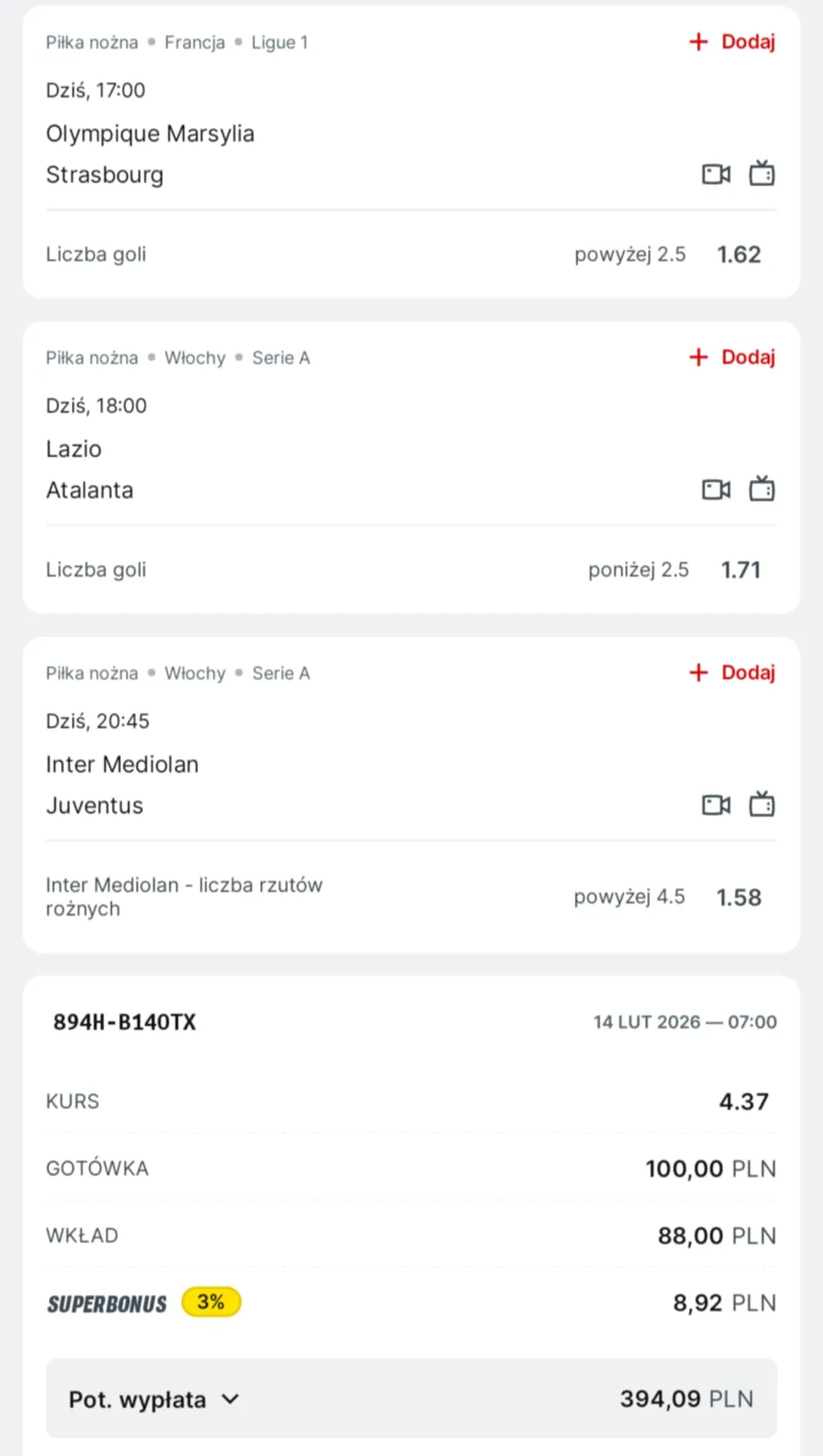 Kupon triple Ligue 1, Serie A, 14.02.2026