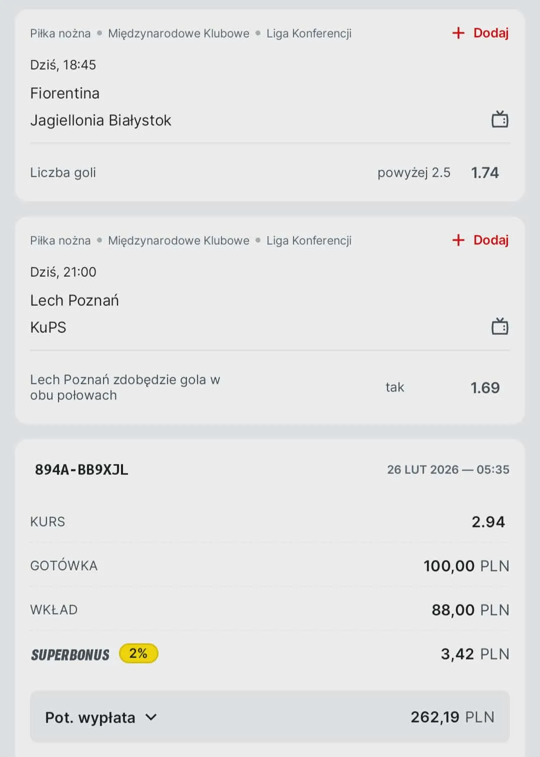 Kupon double Liga Konferencji, 26.02.2026