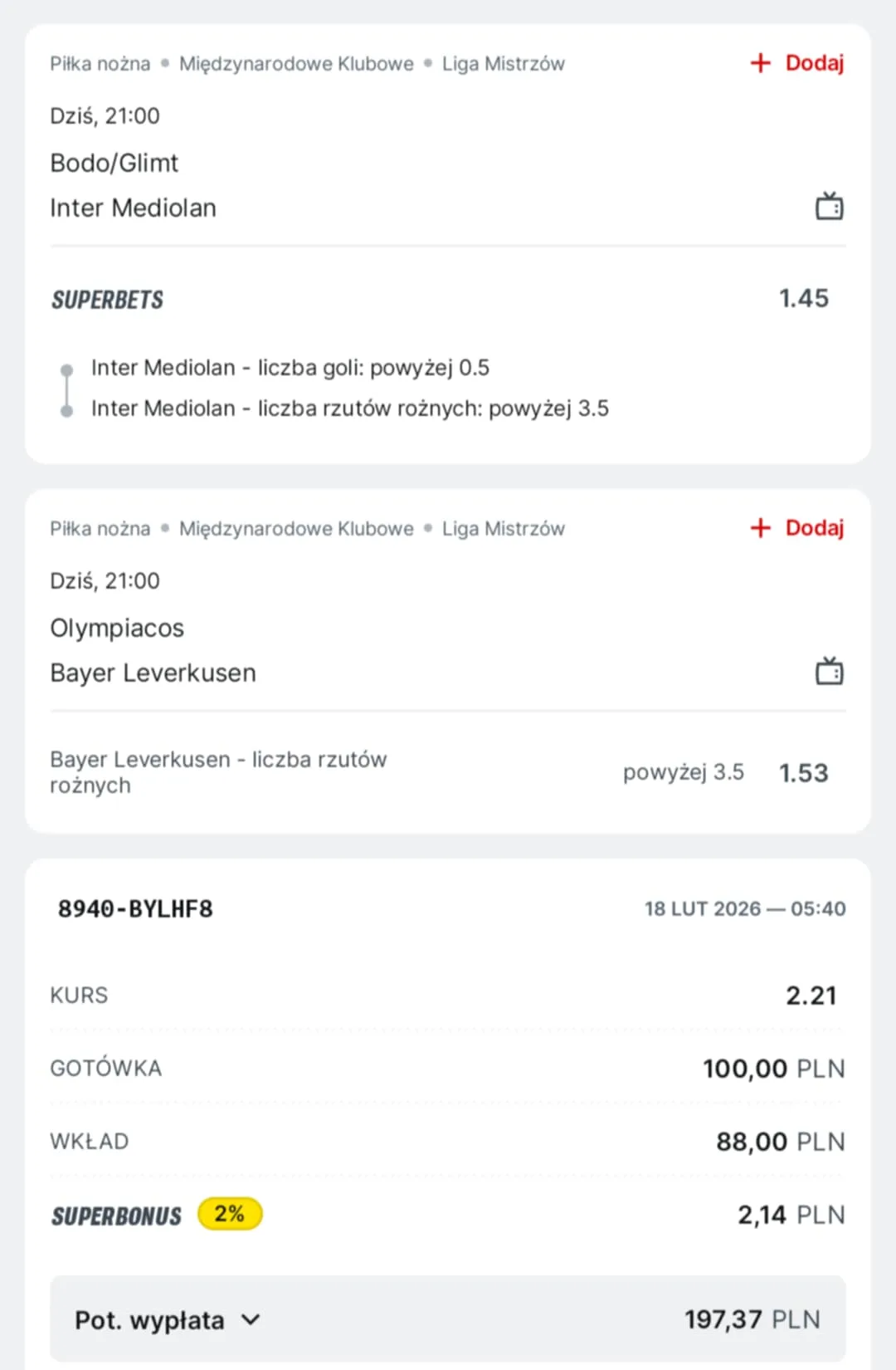 Kupon double Liga Mistrzów 18.02.2026