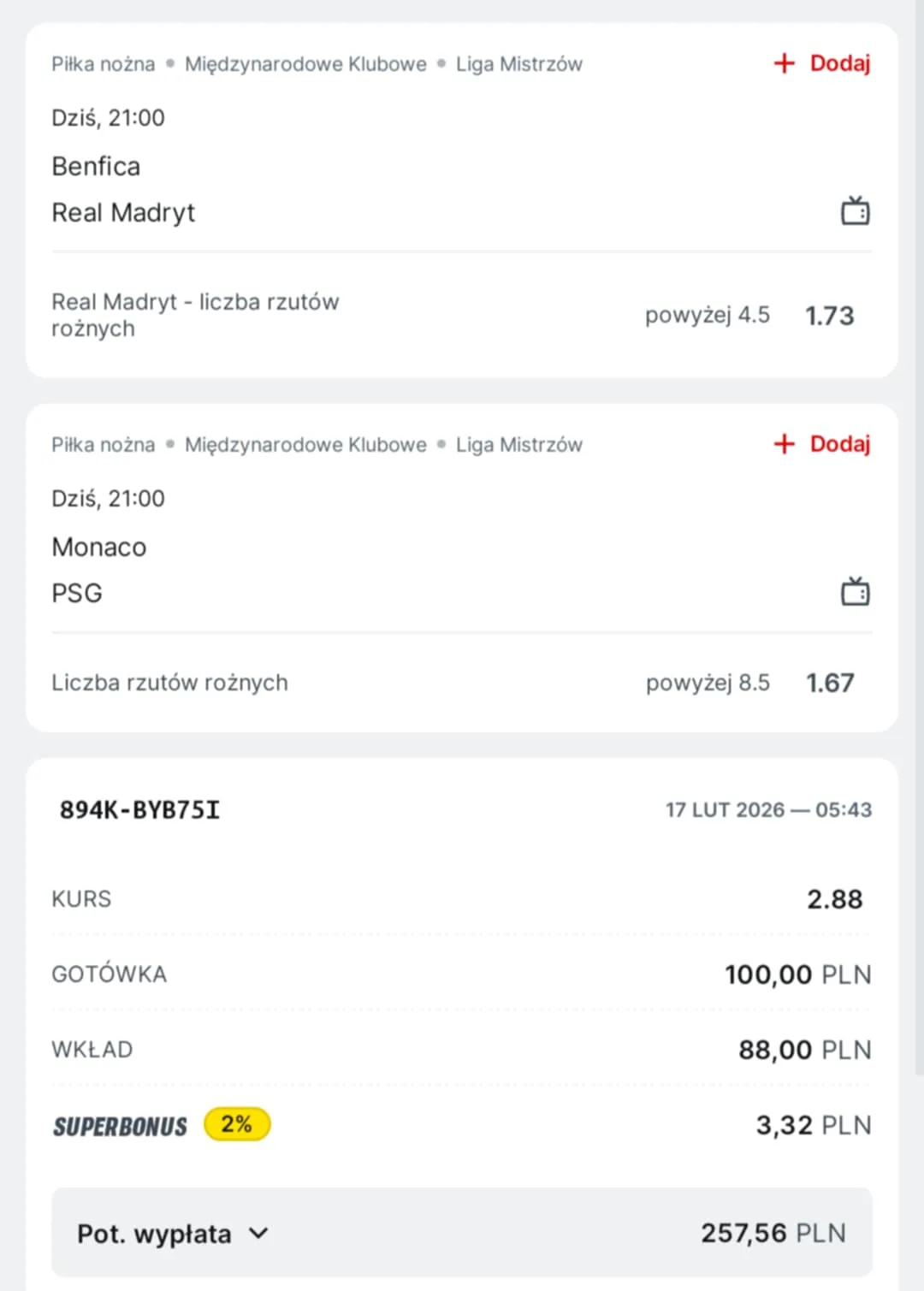 Kupon double Liga Mistrzów, 17.02.2026