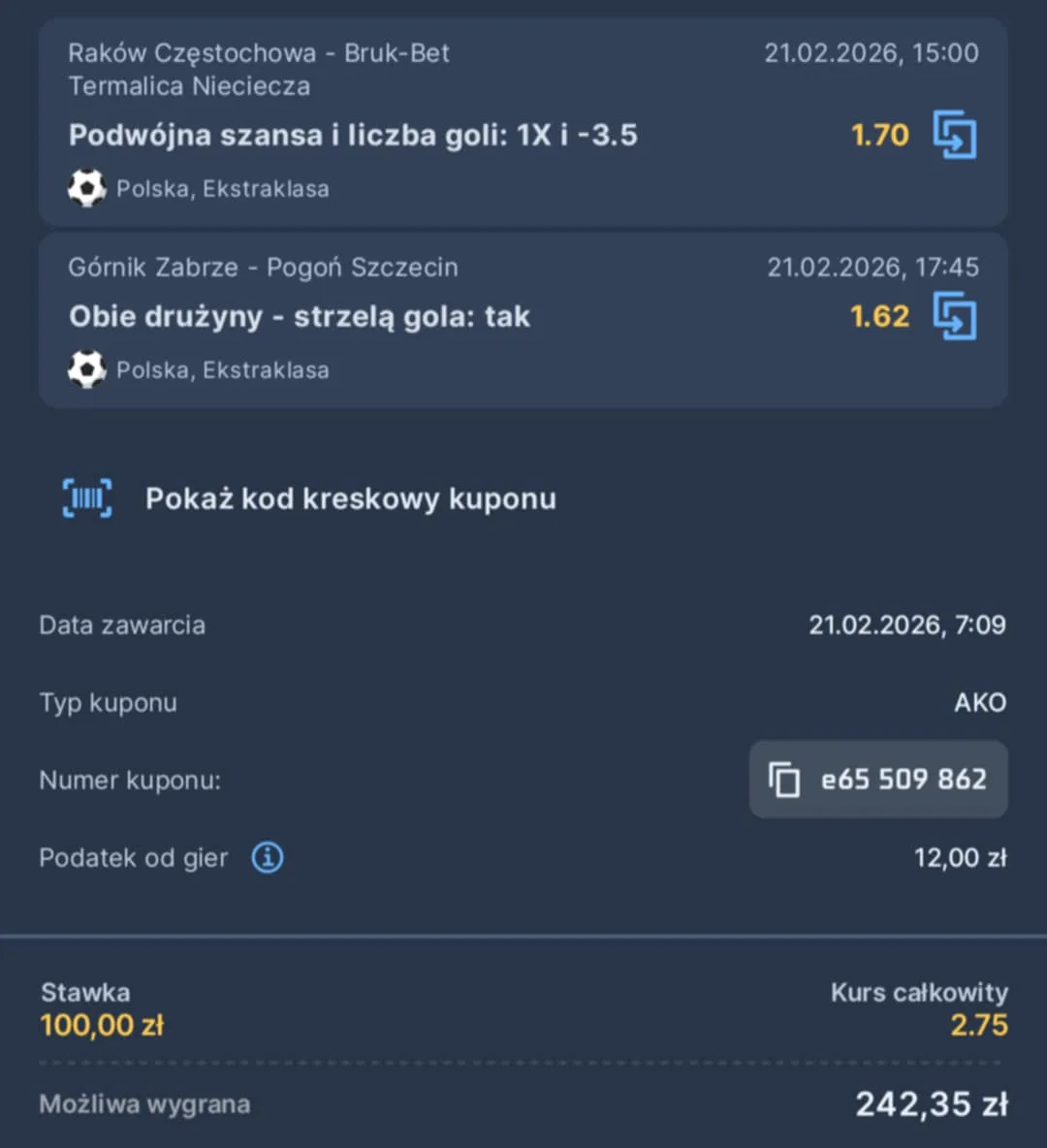 Kupon double Ekstraklasa, 21.02.2026