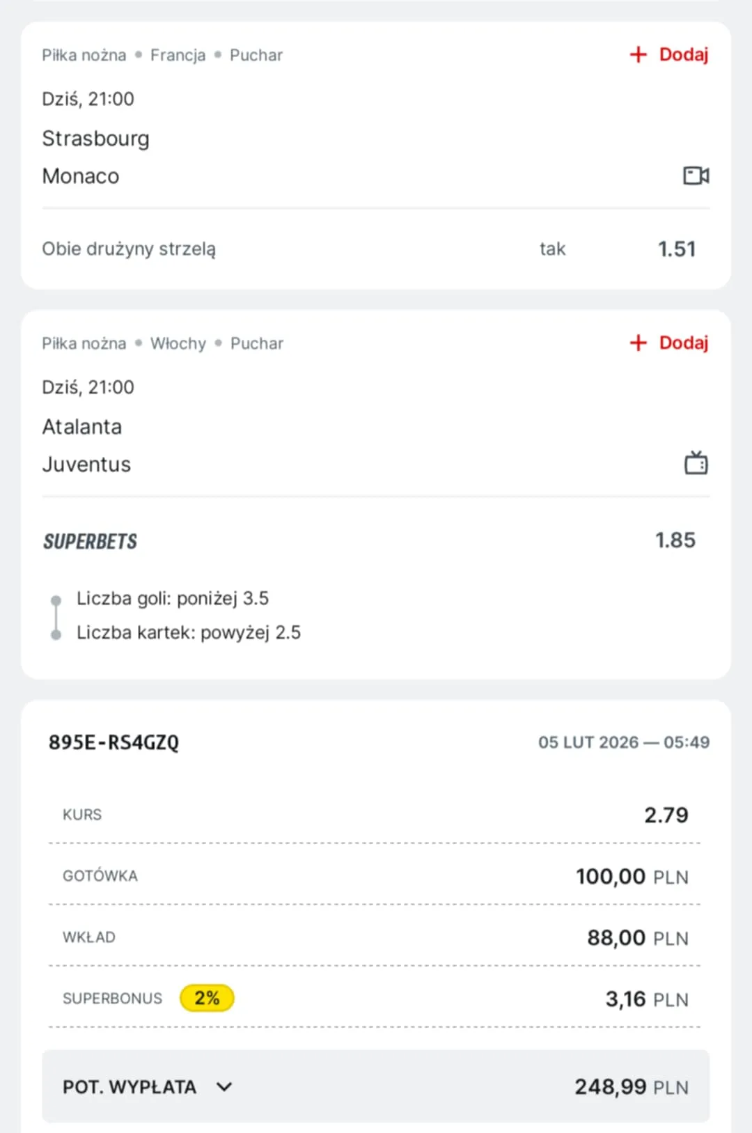 Kupon double Coupe de France, Coppa Italia, 05.02.2026