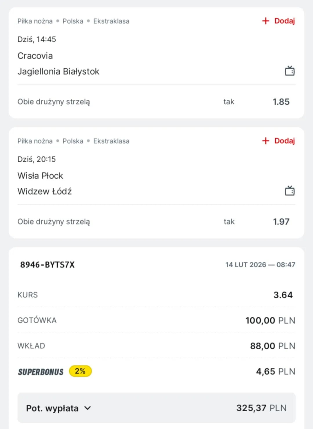 Kupon double Ekstraklasa, 14.02.2026