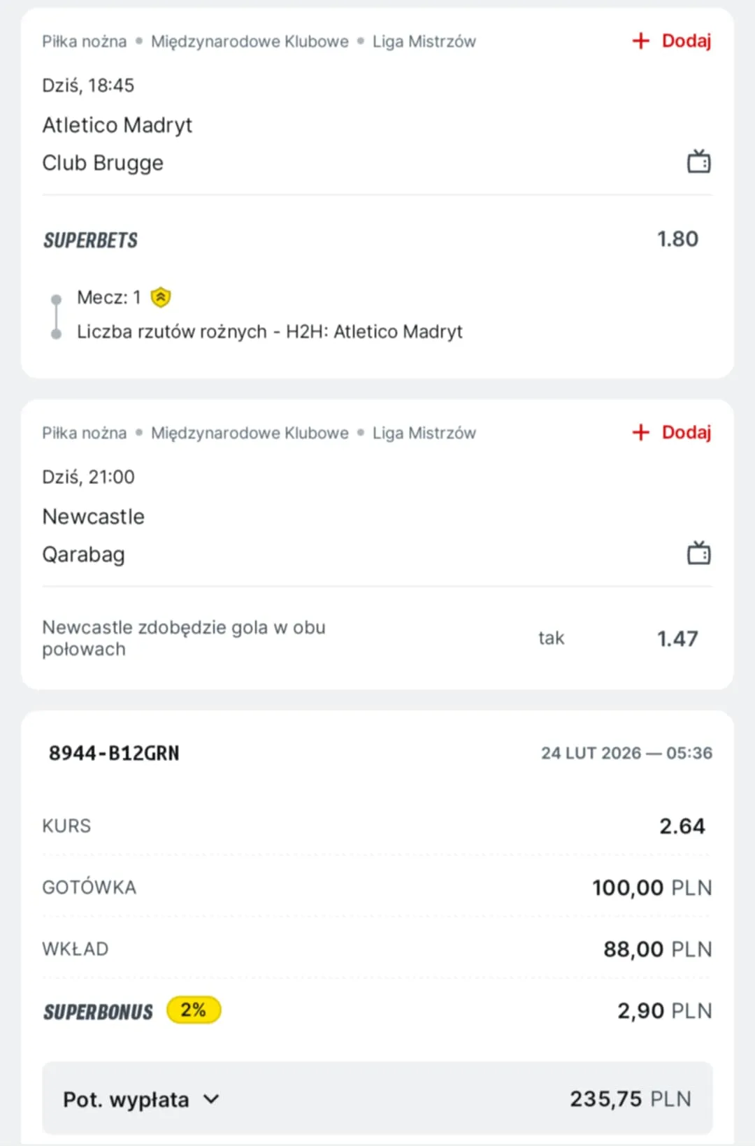 Kupon double Liga Mistrzów, 24.02.2026