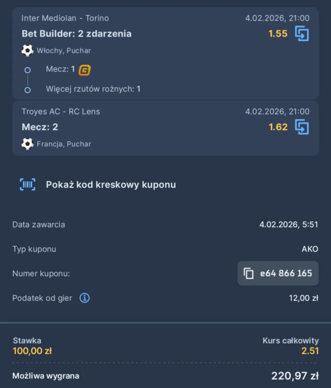 Kupon double Coupe de France, Coppa Italia, 04.02.2026