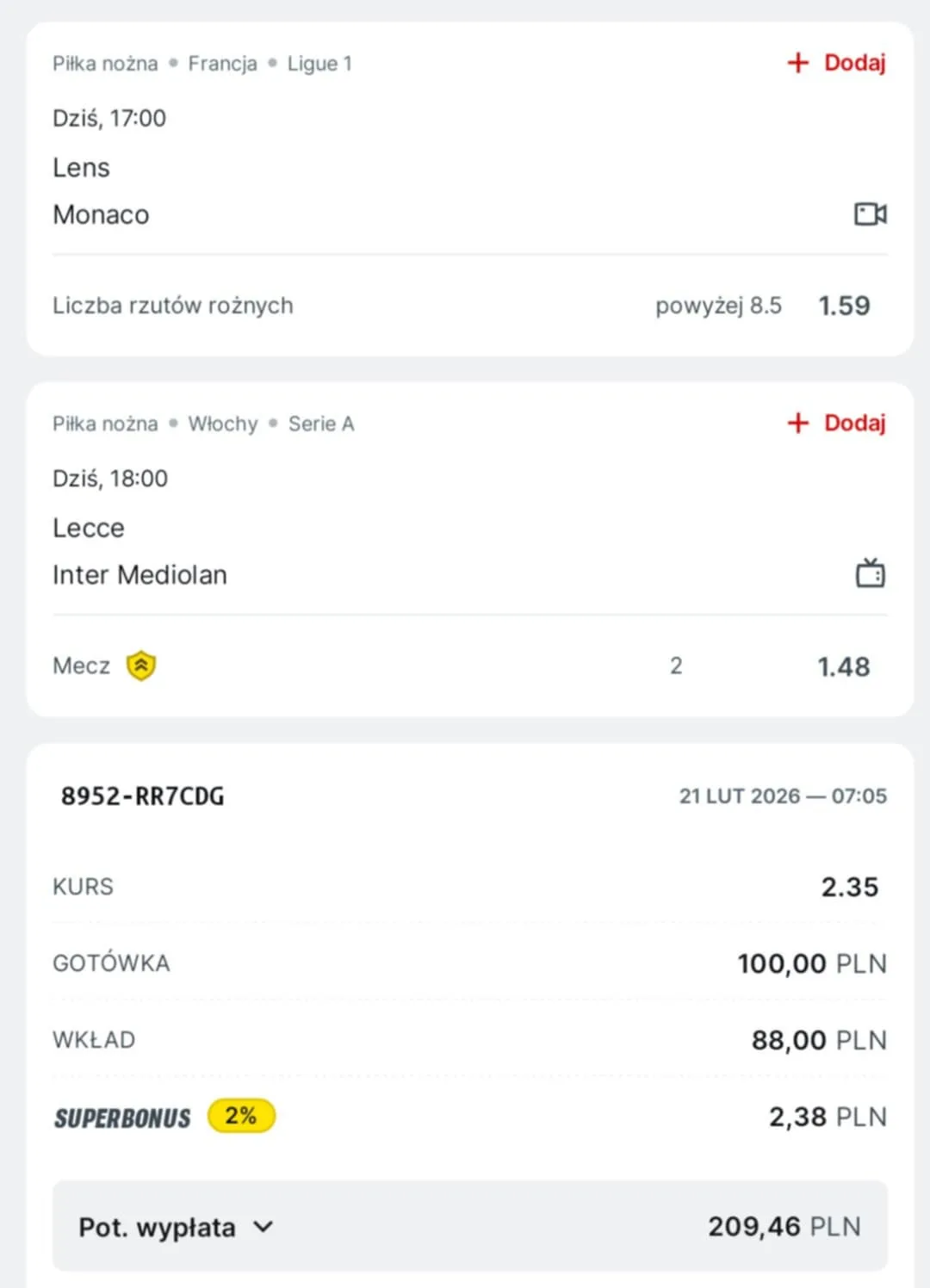 Kupon double Ligue 1, Serie A, 21.02.2026