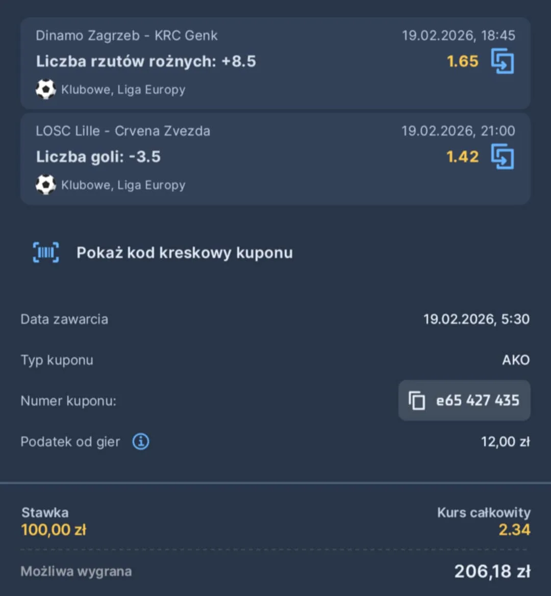 Kupon double Liga Europy, 19.02.2026