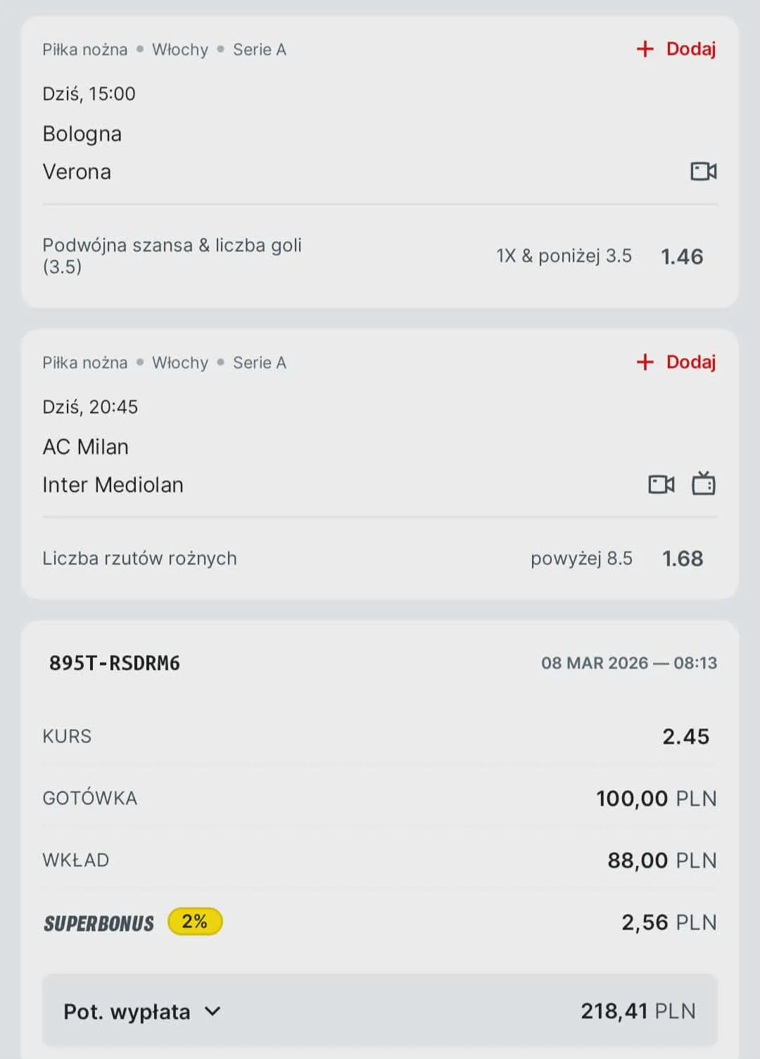 Kupon double Serie A, 08.03.2026