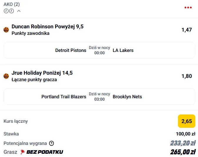 Kupon NBA w Betclic w dniu 23.03.2026