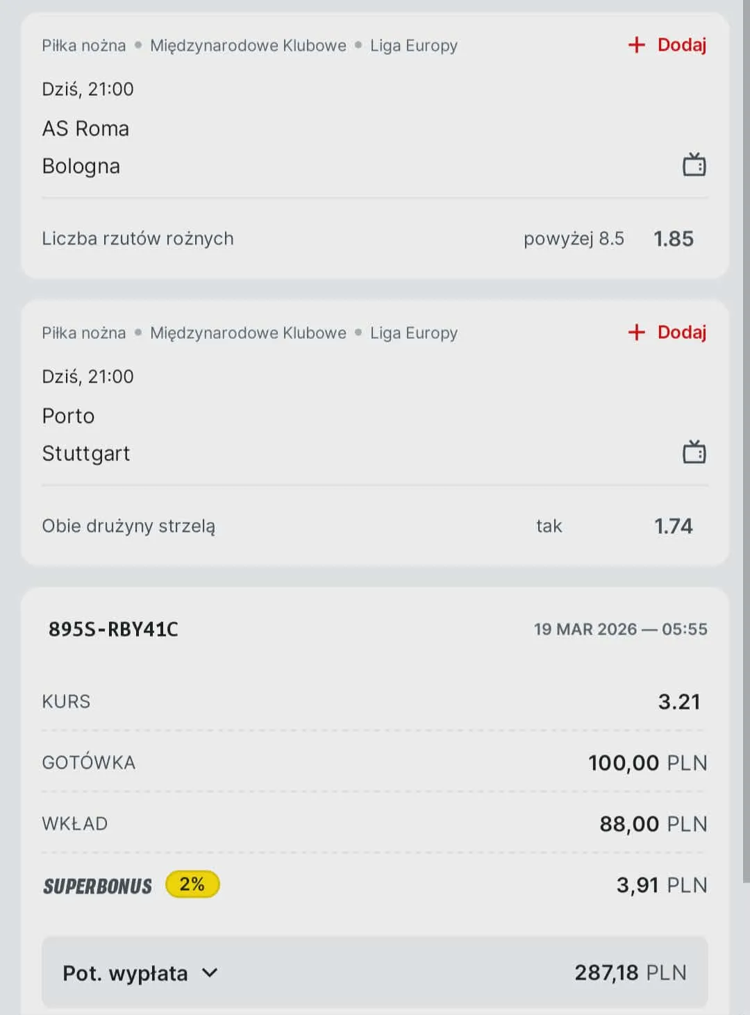 Kupon double Liga Europy, 19.03.2026