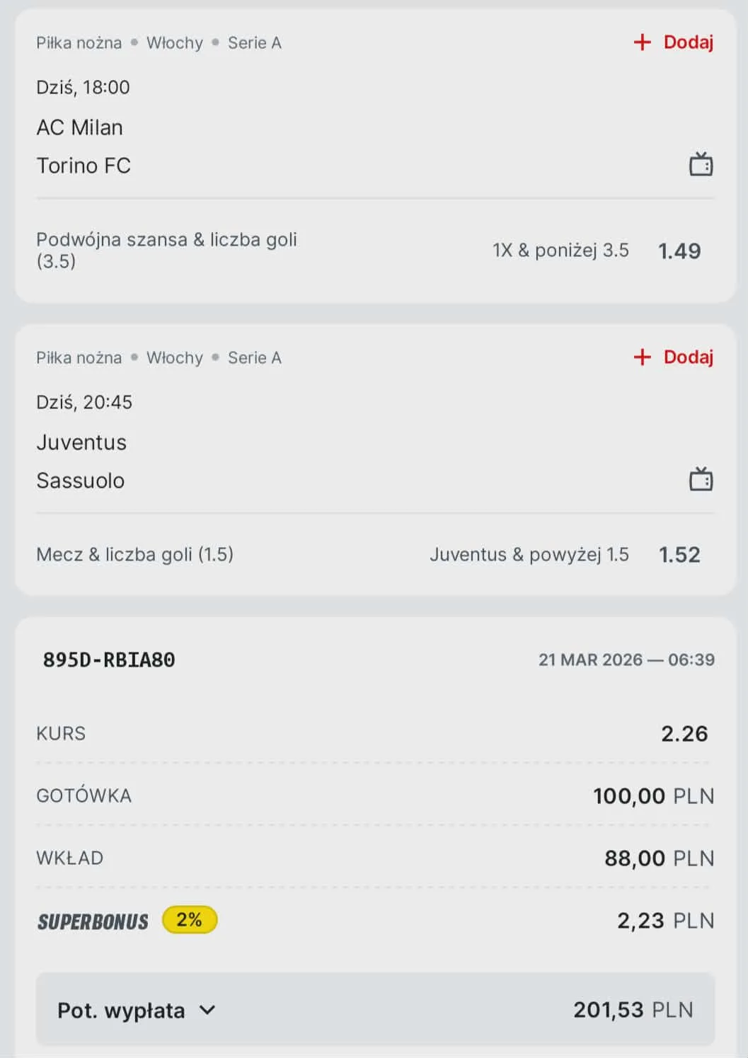 Kupon double Serie A, 21.03.2026