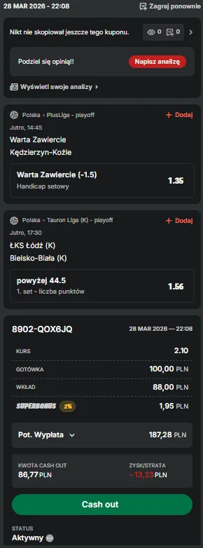 kupon-double-superbet-lks-commercecon-bks-bostik-zgo-warta-zawiercie-zaksa