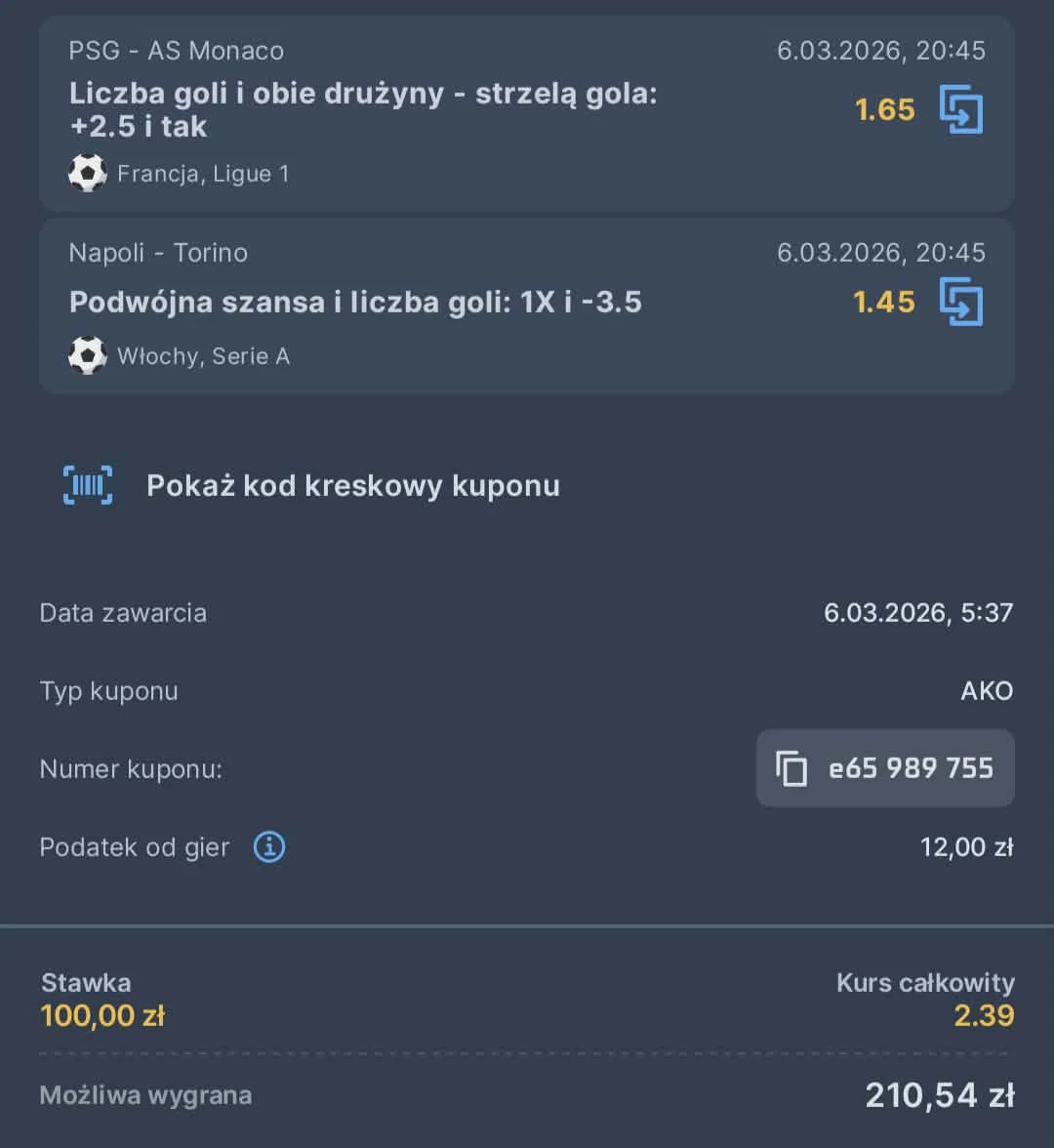 Kupon double Ligue 1, Serie A, 06.03.2026