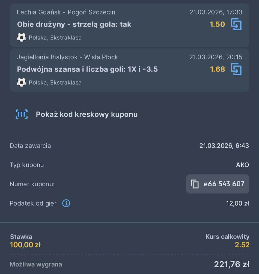 Kupon double Ekstraklasa, 21.03.2026