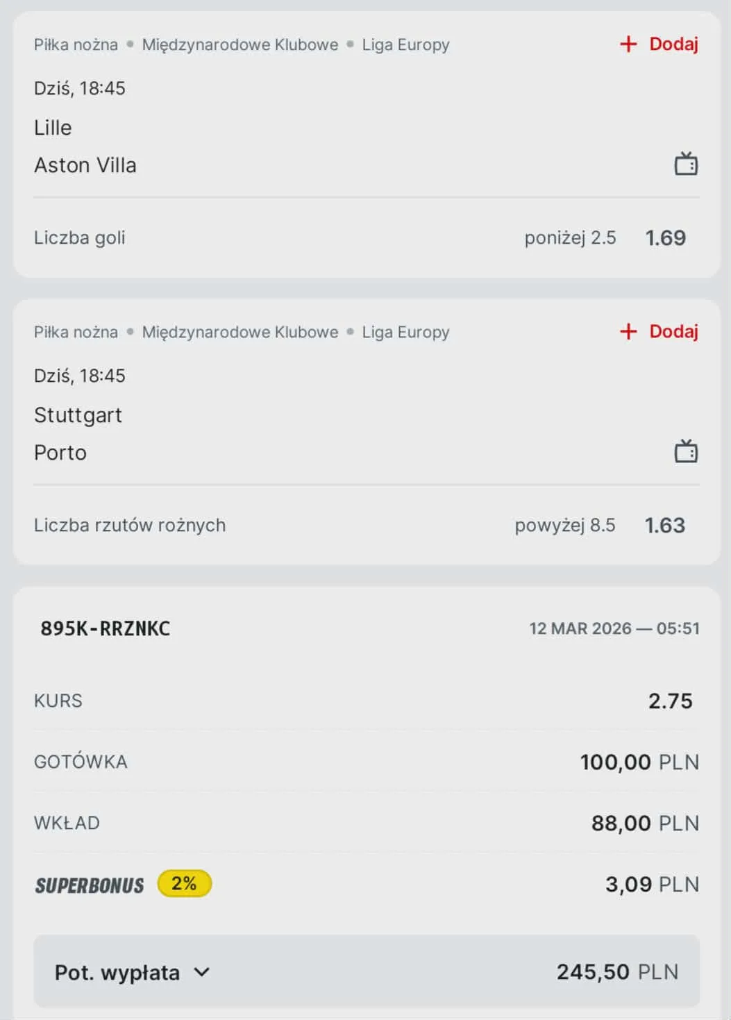 Kupon double Liga Europy 12.03.2026