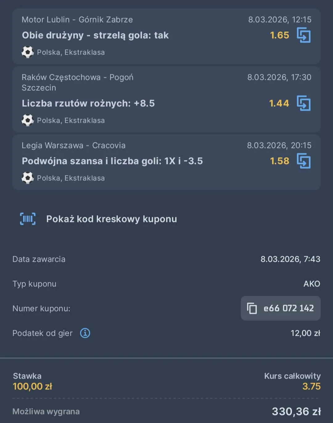 Kupon triple Ekstraklasa, 08.03.2026