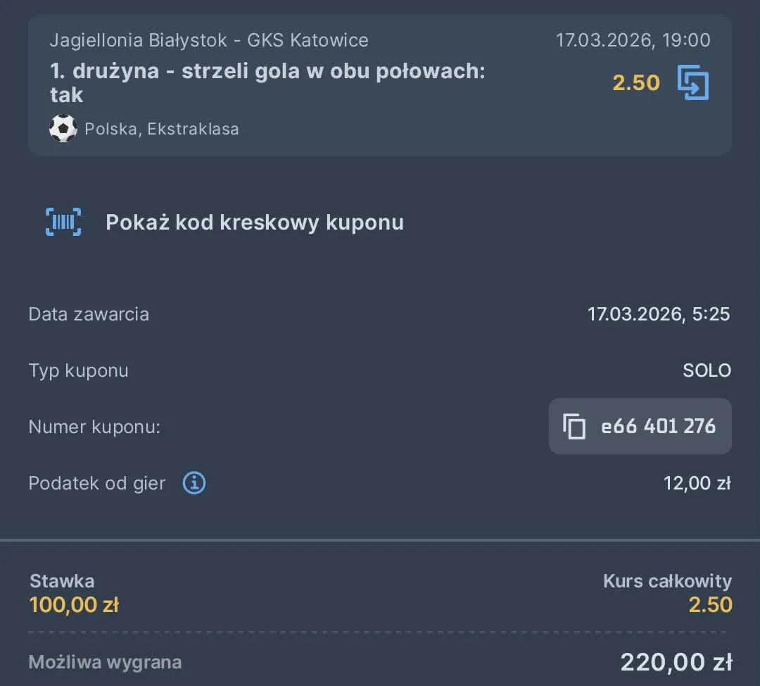 Kupon single Ekstraklasa 17.03.2026