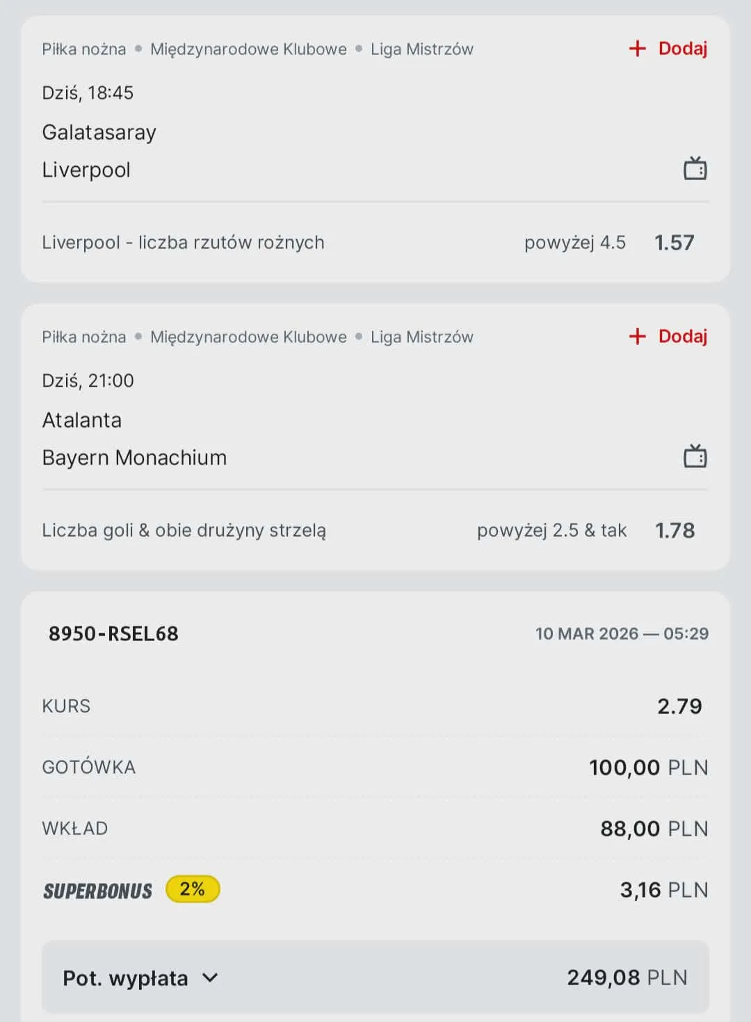 Kupon double Liga Mistrzów, 10.03.2026