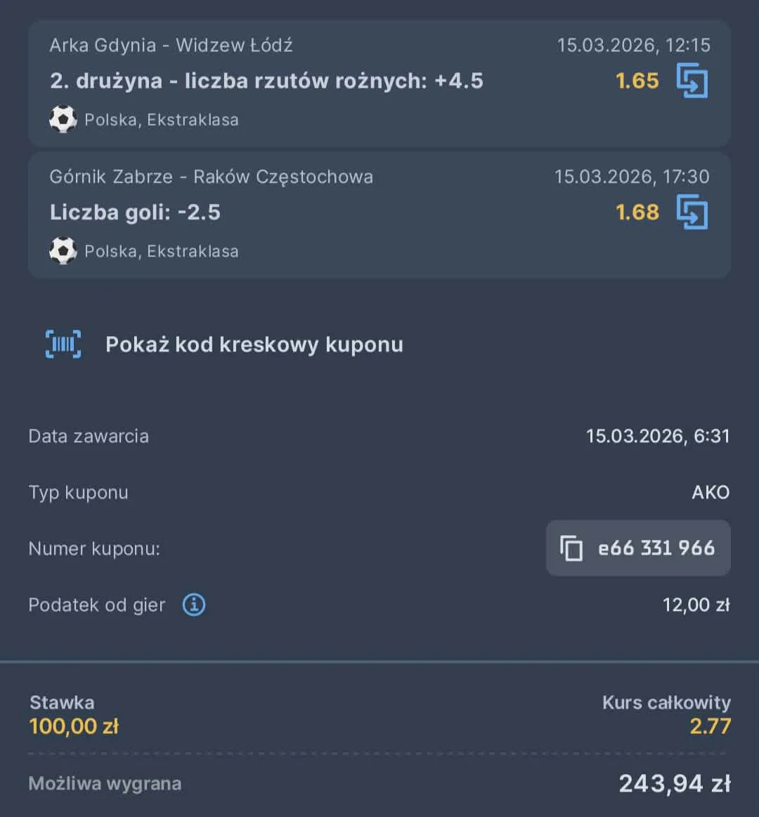 Kupon double Ekstraklasa, 15.03.2026