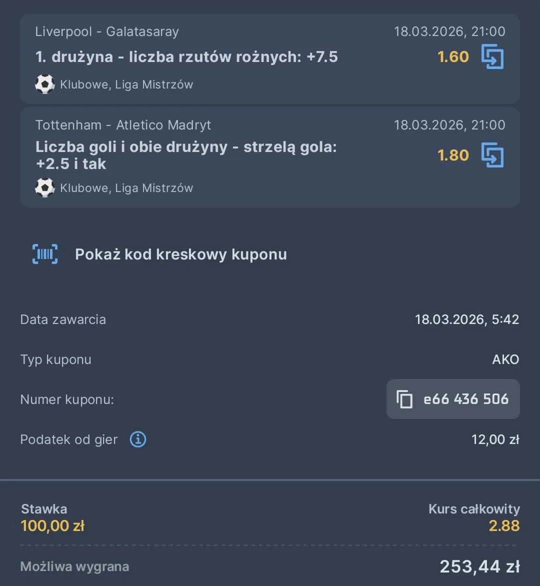 Kupon double Liga Mistrzów, 18.03.2026