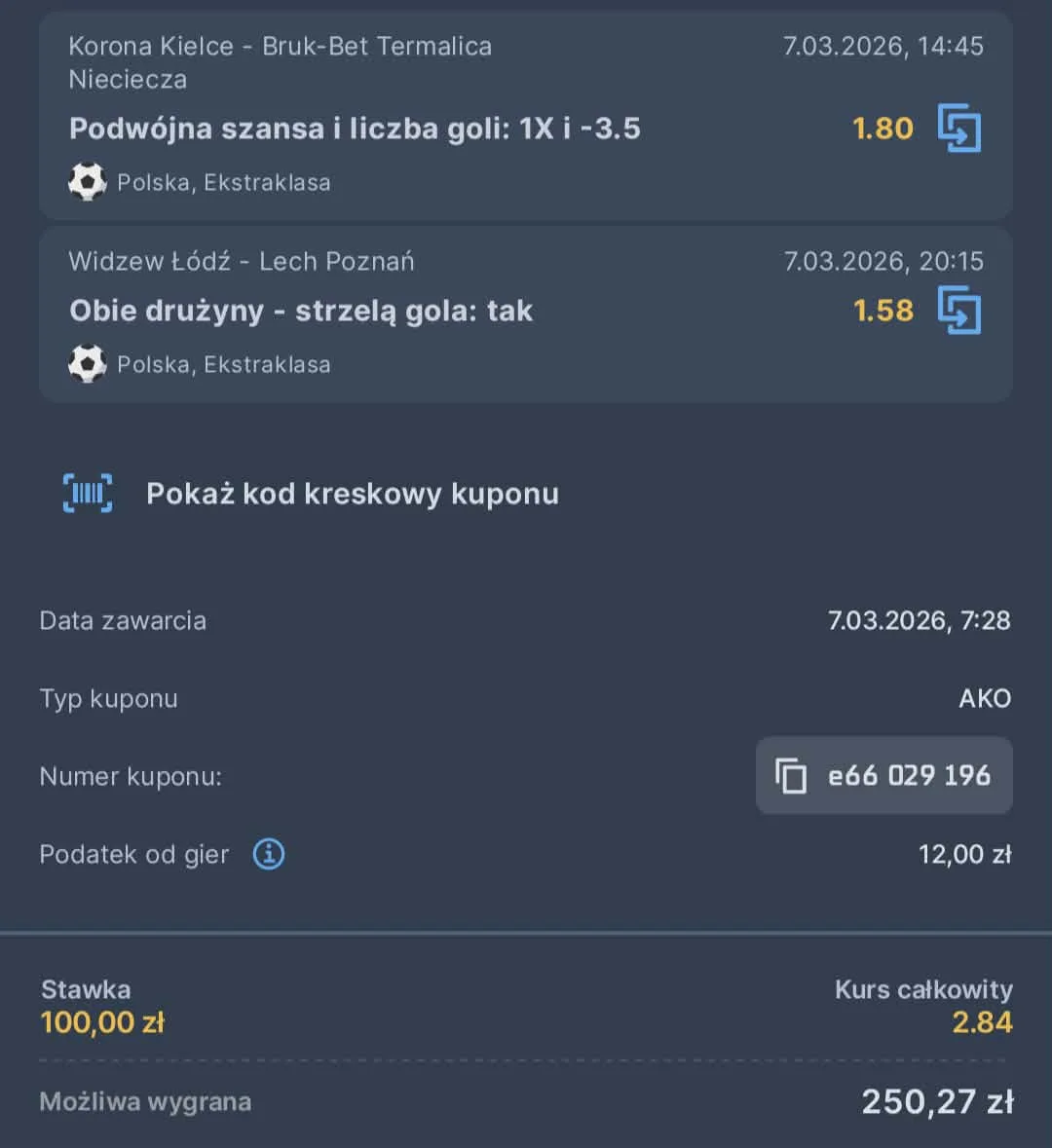 Kupon double Ekstraklasa 07.03.2026