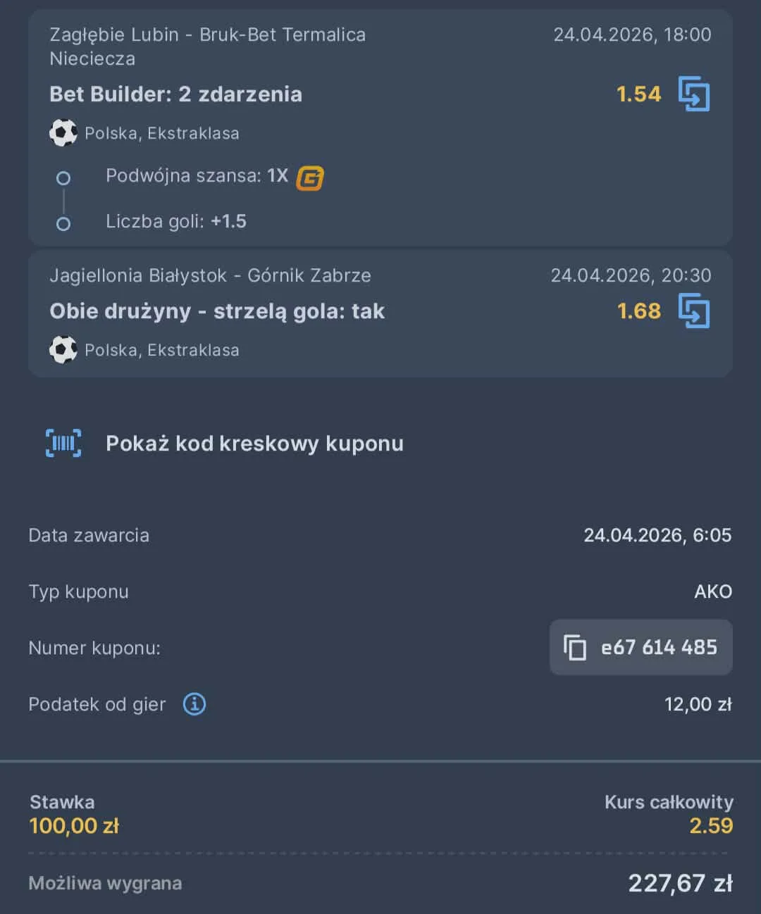 Kupon double Ekstraklasa, 24.04.2026