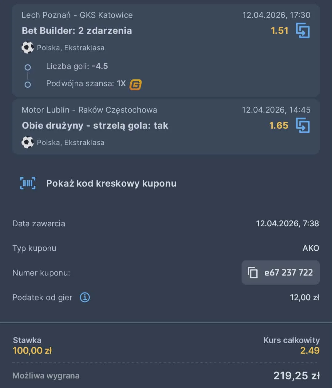 Kupon double Ekstraklasa, 12.04.2026