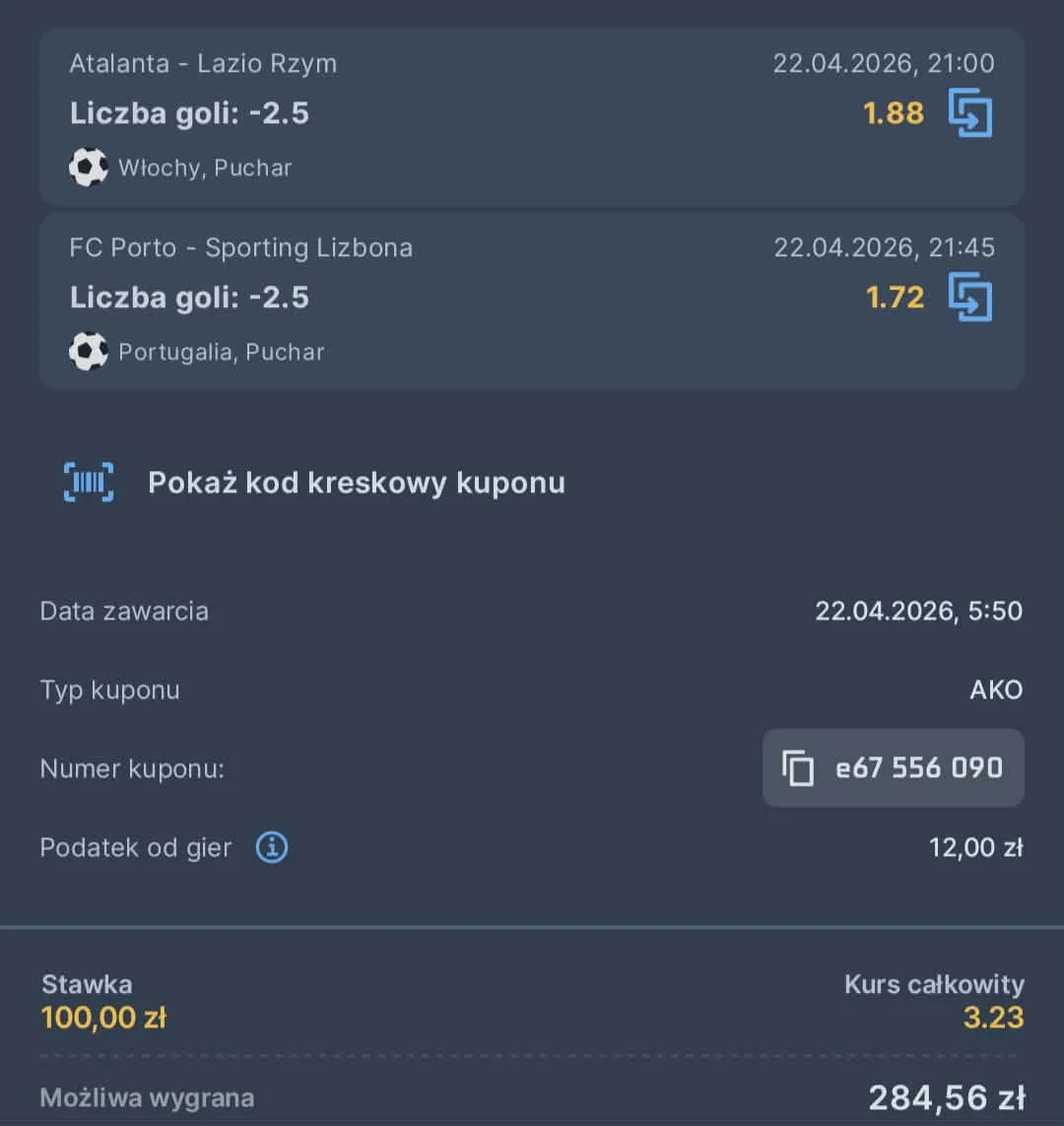 Kupon double Coppa Italia, Taca de Portugal, 22.04.2026