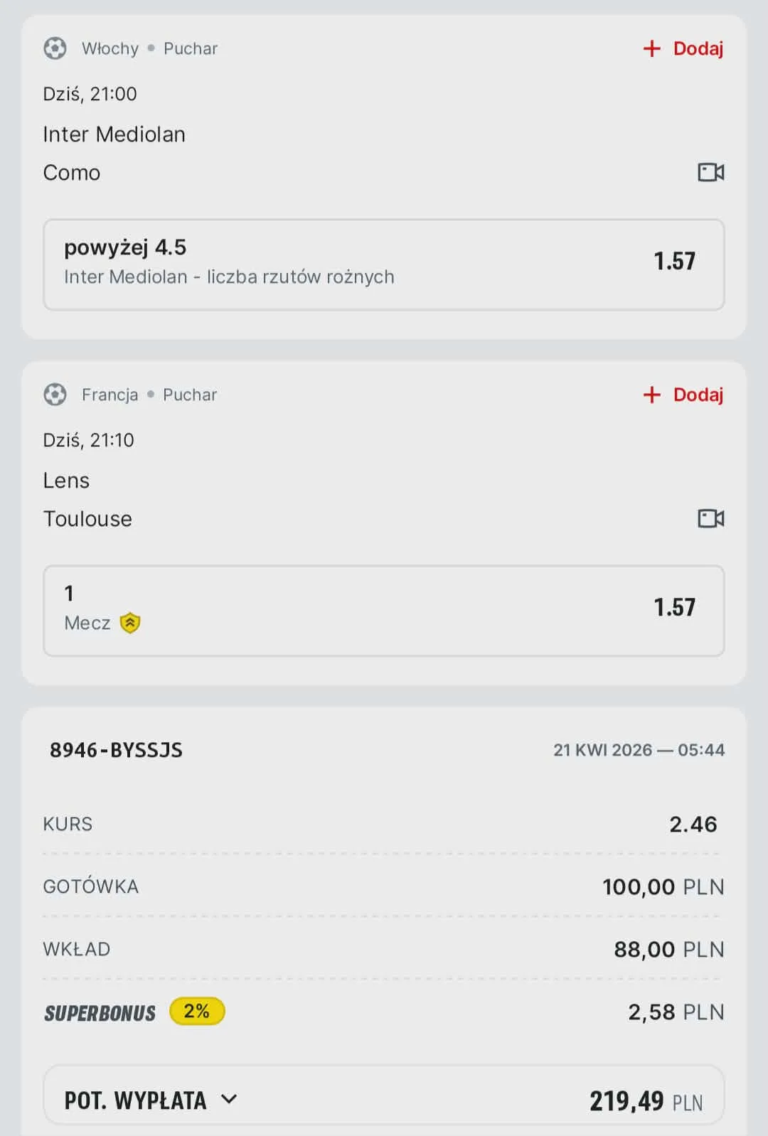 Kupon double Coppa Italia, Coupe de France, 21.04.2026