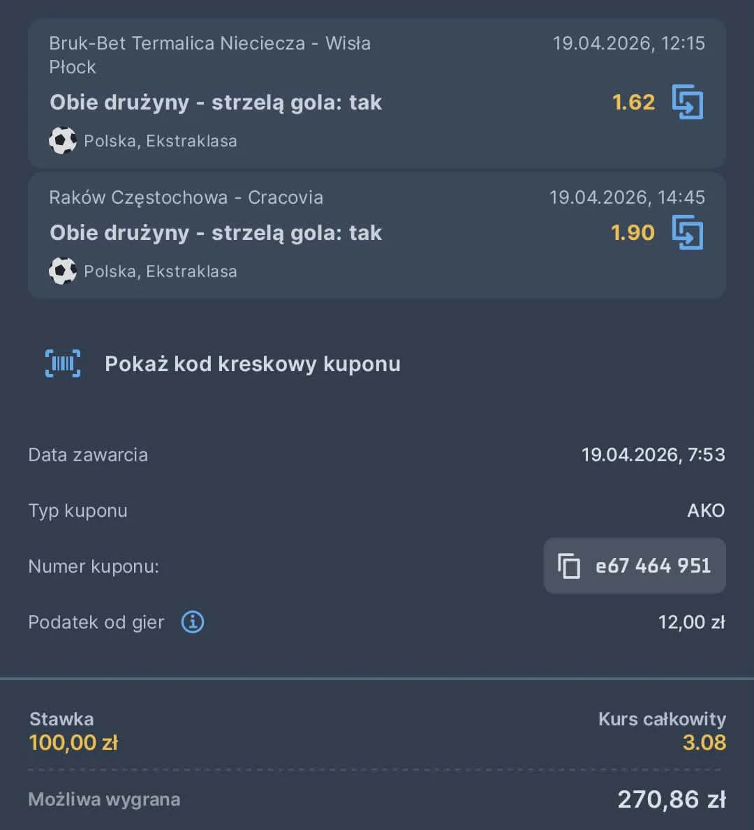 Kupon double Ekstraklasa, 19.04.2026