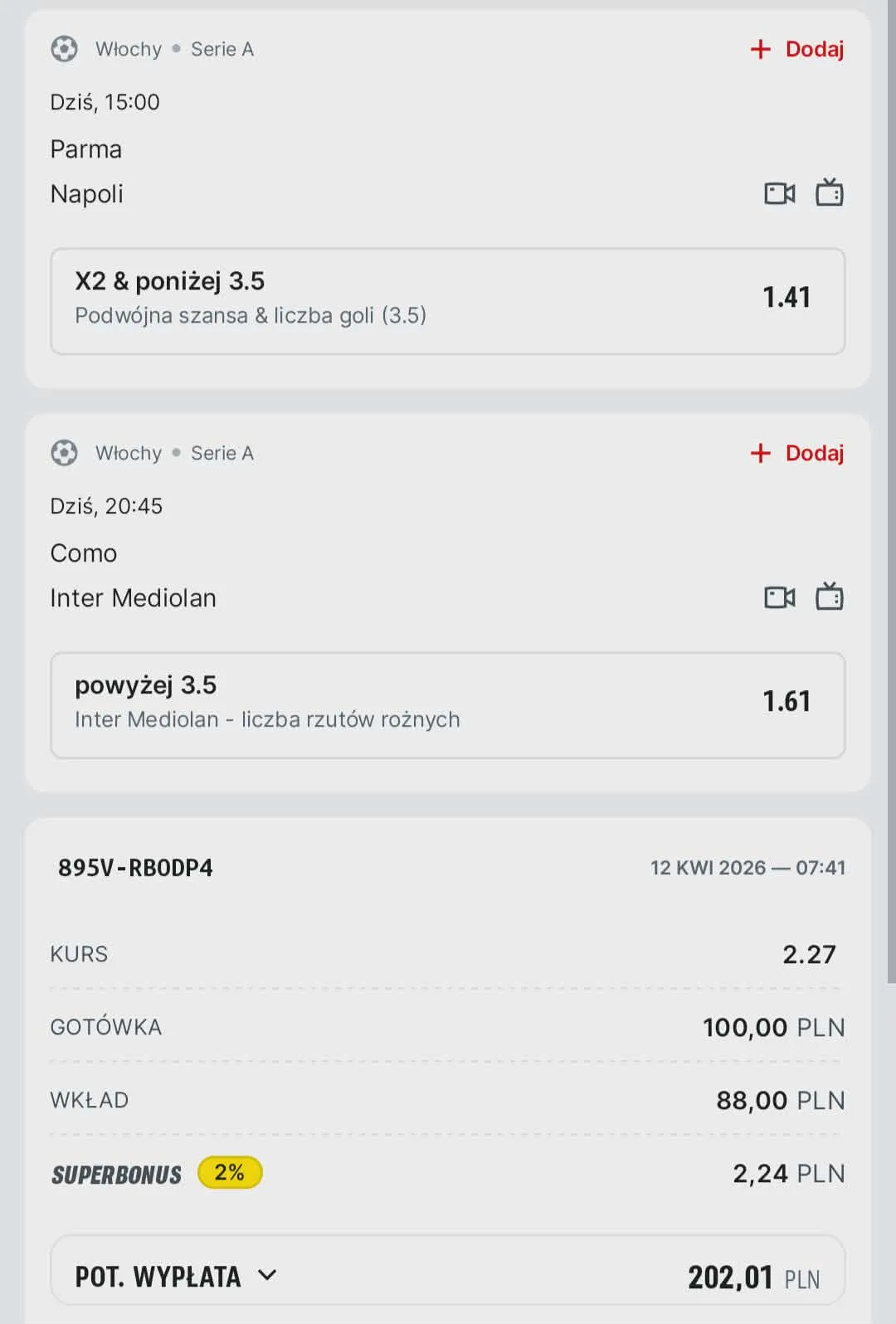 Kupon double Serie A, 12.04.2026