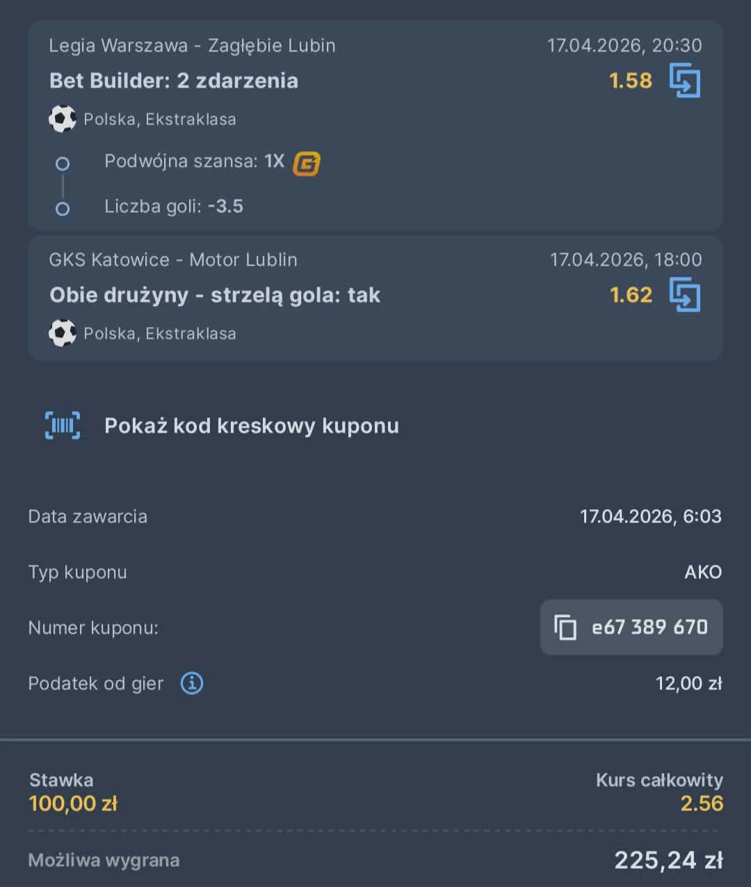 Kupon double Ekstraklasa, 17.04.2026