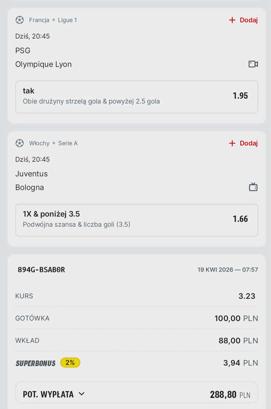 Kupon double Ligue 1, Serie A, 19.04.2026