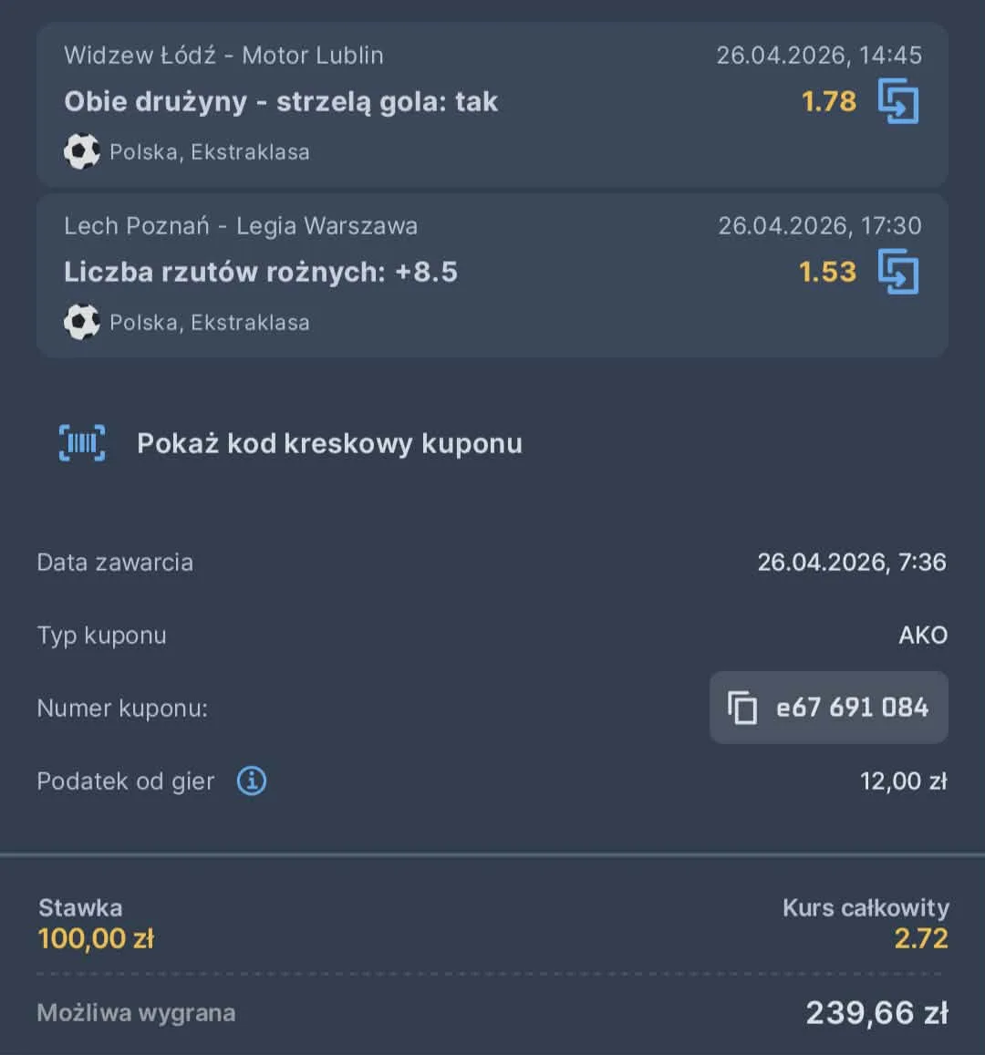 Kupon double Ekstraklasa, 26.04.2026