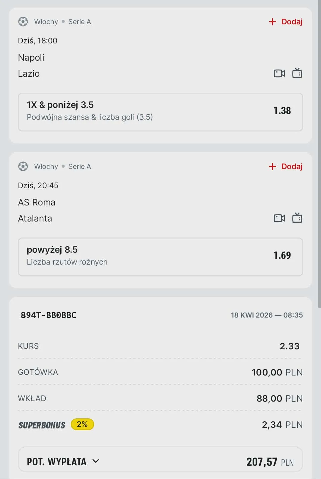 Kupon double Serie A, 18.04.2026