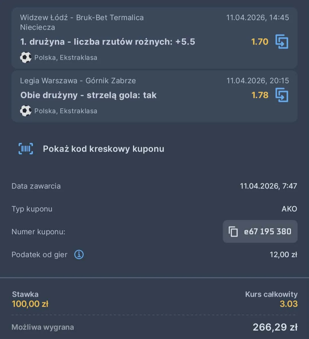 Kupon double Ekstraklasa, 11.04.2026