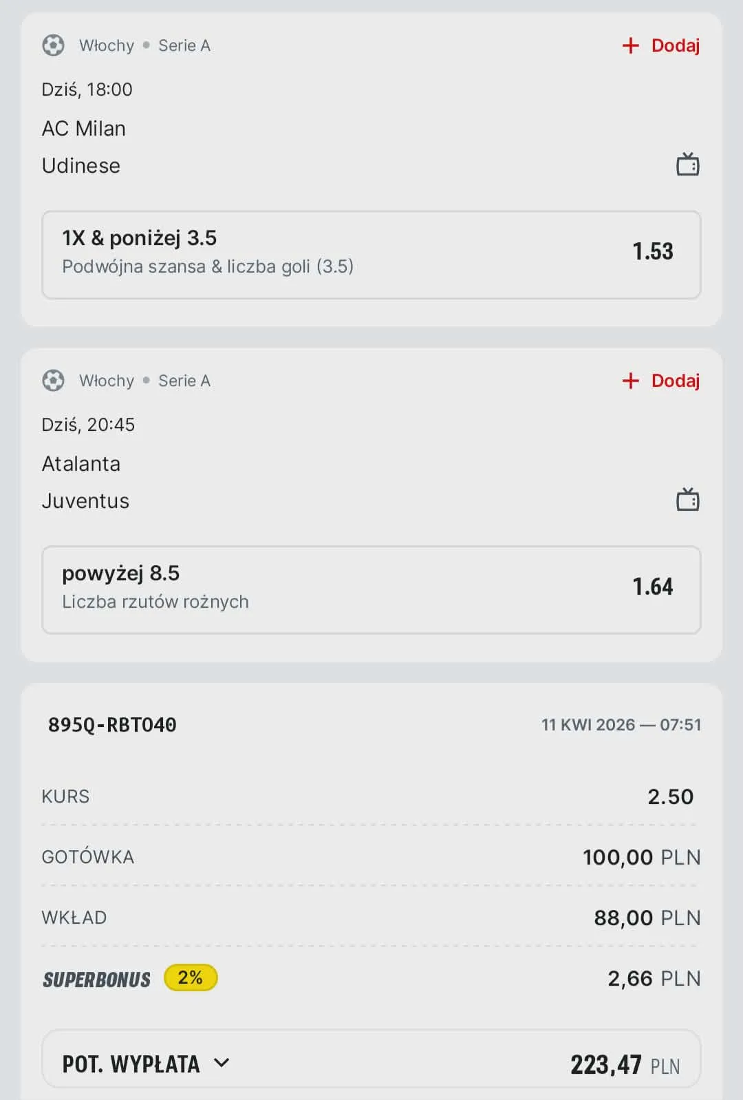 Kupon double Serie A, 11.04.2026