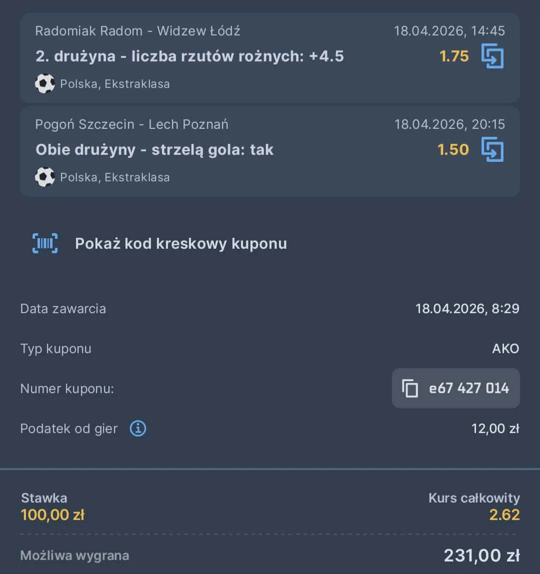 Kupon double Ekstraklasa, 18.04.2026