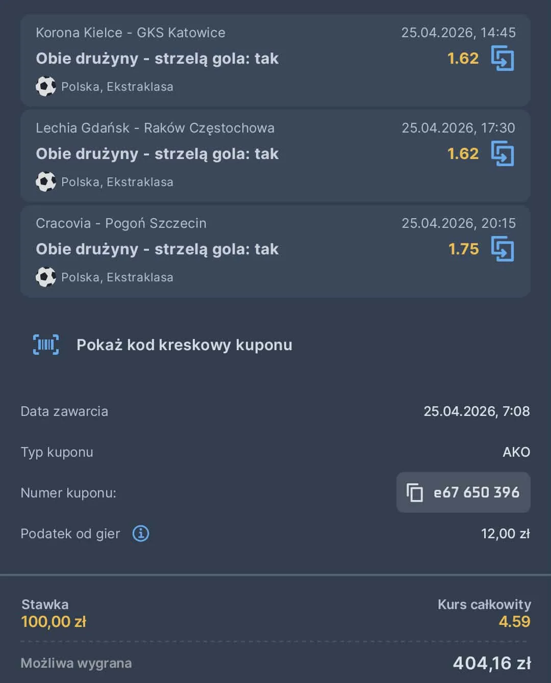 Kupon triple Ekstraklasa, 25.04.2026