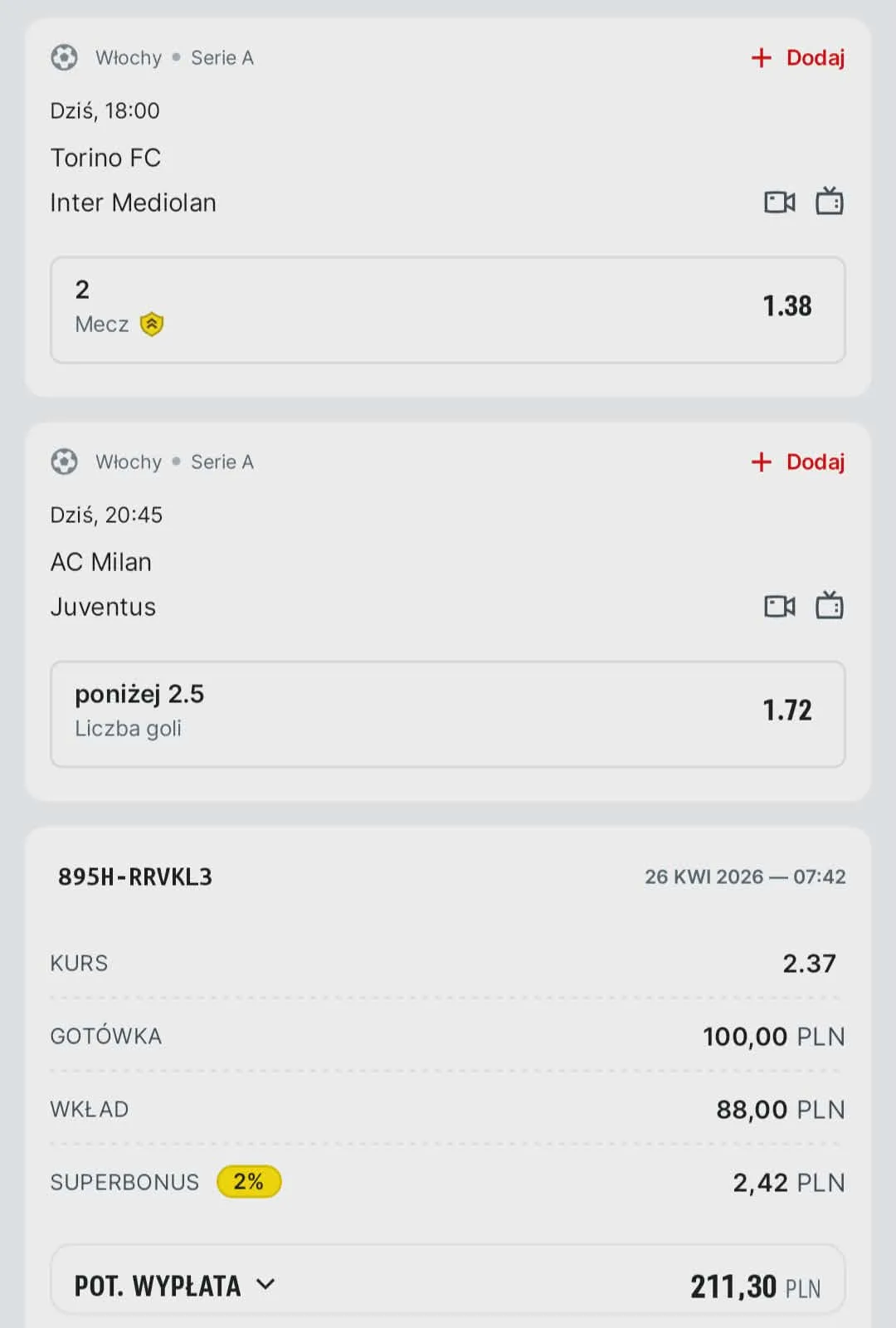 Kupon double Serie A, 26.04.2026