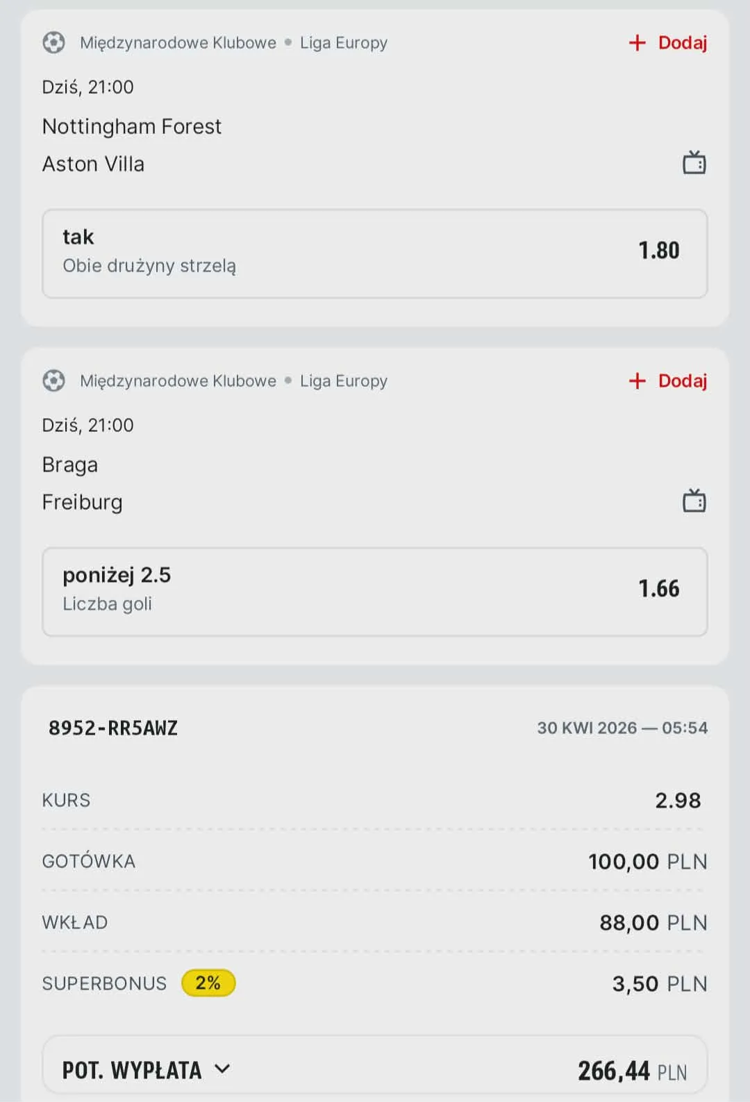 Kupon double Liga Europy, 30.04.2026