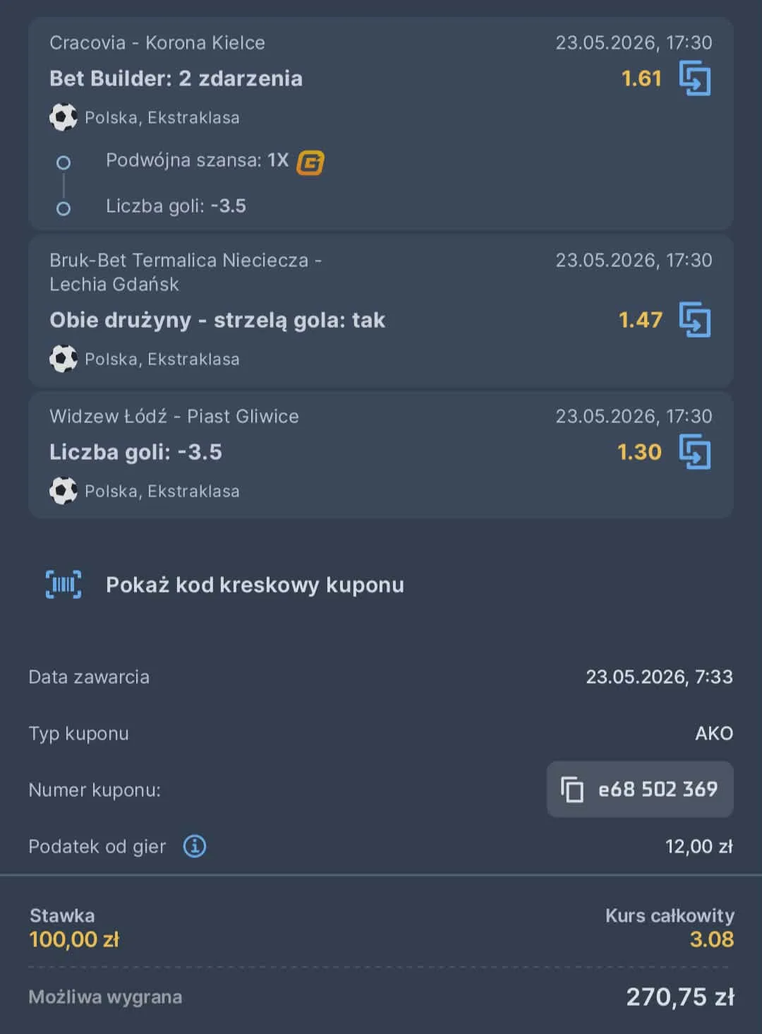 Kupon triple Ekstraklasa 23.05.2026