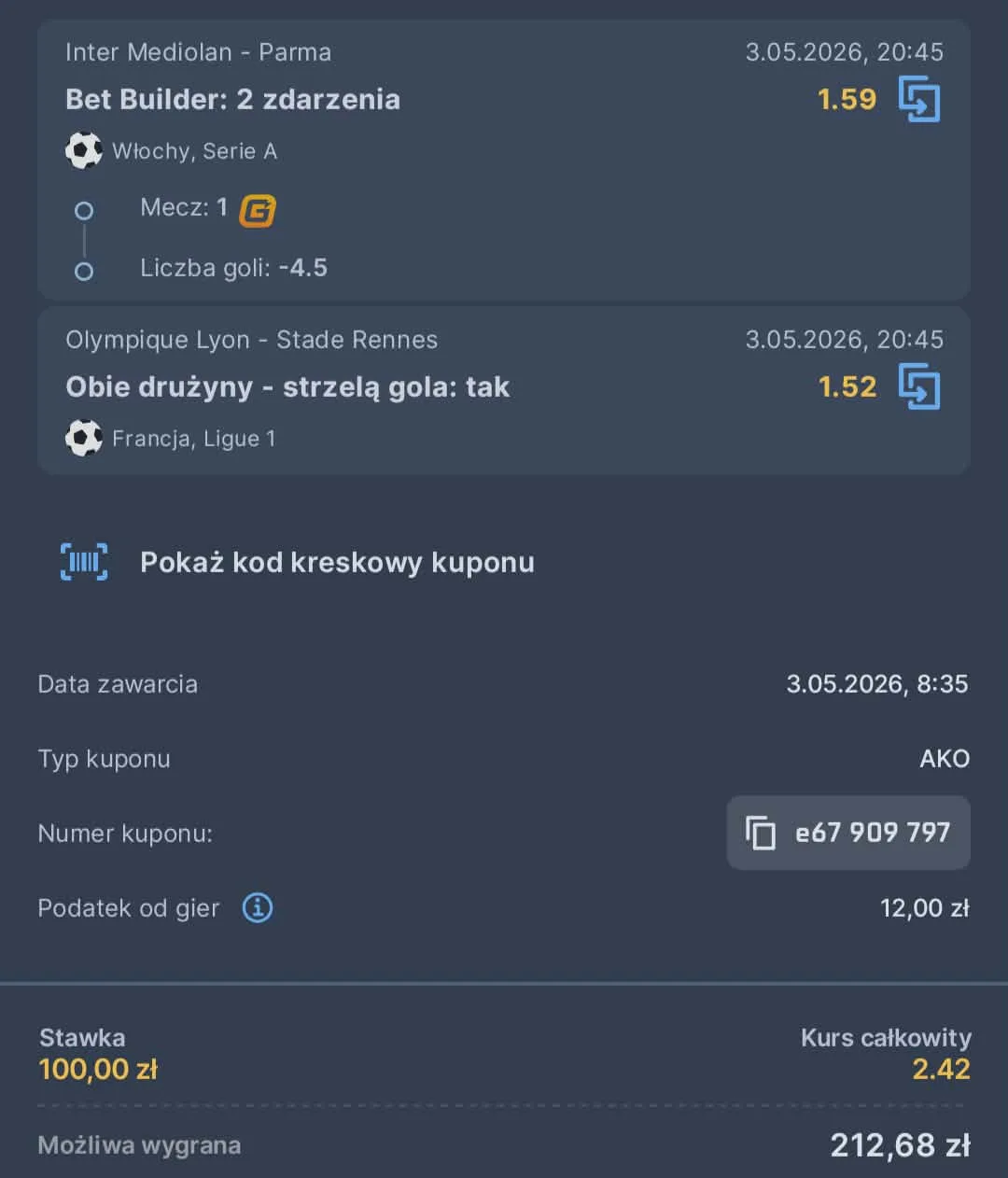 Kupon double Serie A, Ligue 1, 03.05.2026