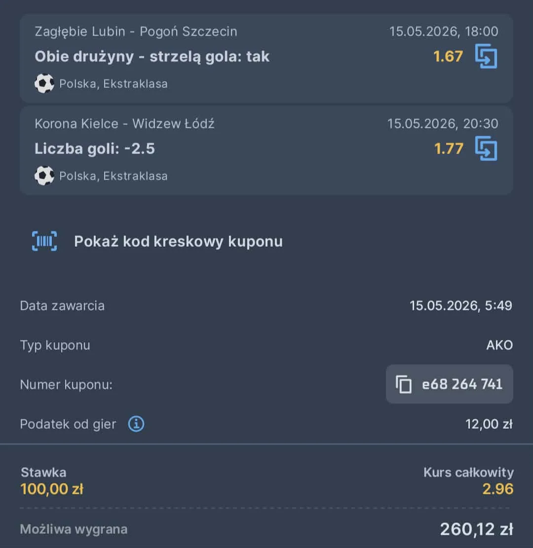 Kupon double Ekstraklsa, 15.05.2026