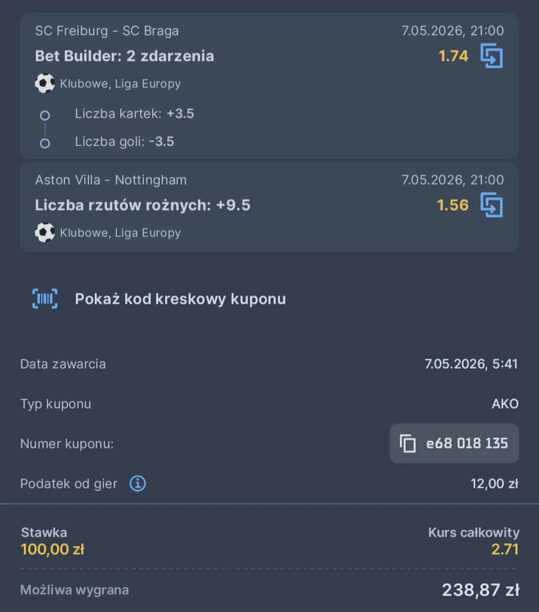 Kupon doube Liga Europy, 07.05.2026