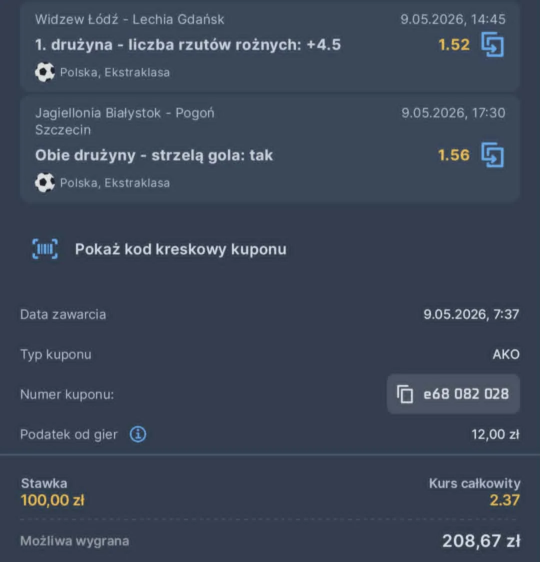 Kupon double Ekstraklasa, 09.05.2026