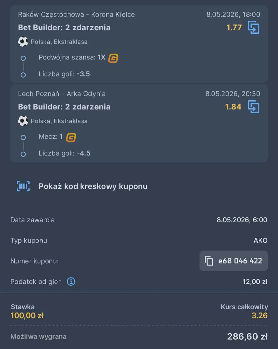 Kupon double Ekstraklasa, 08.05.2026