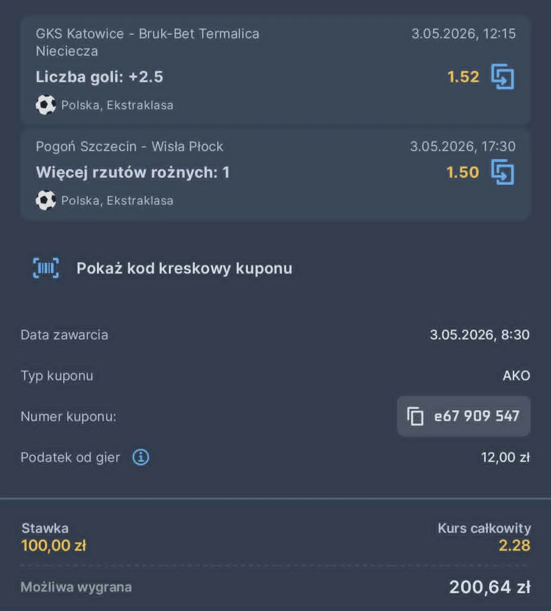 Kupon double Ekstraklasa, 03.05.2026
