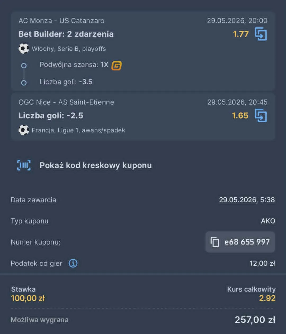 Kupon double Serie B, Baraże Ligue 1, 29.05.2026