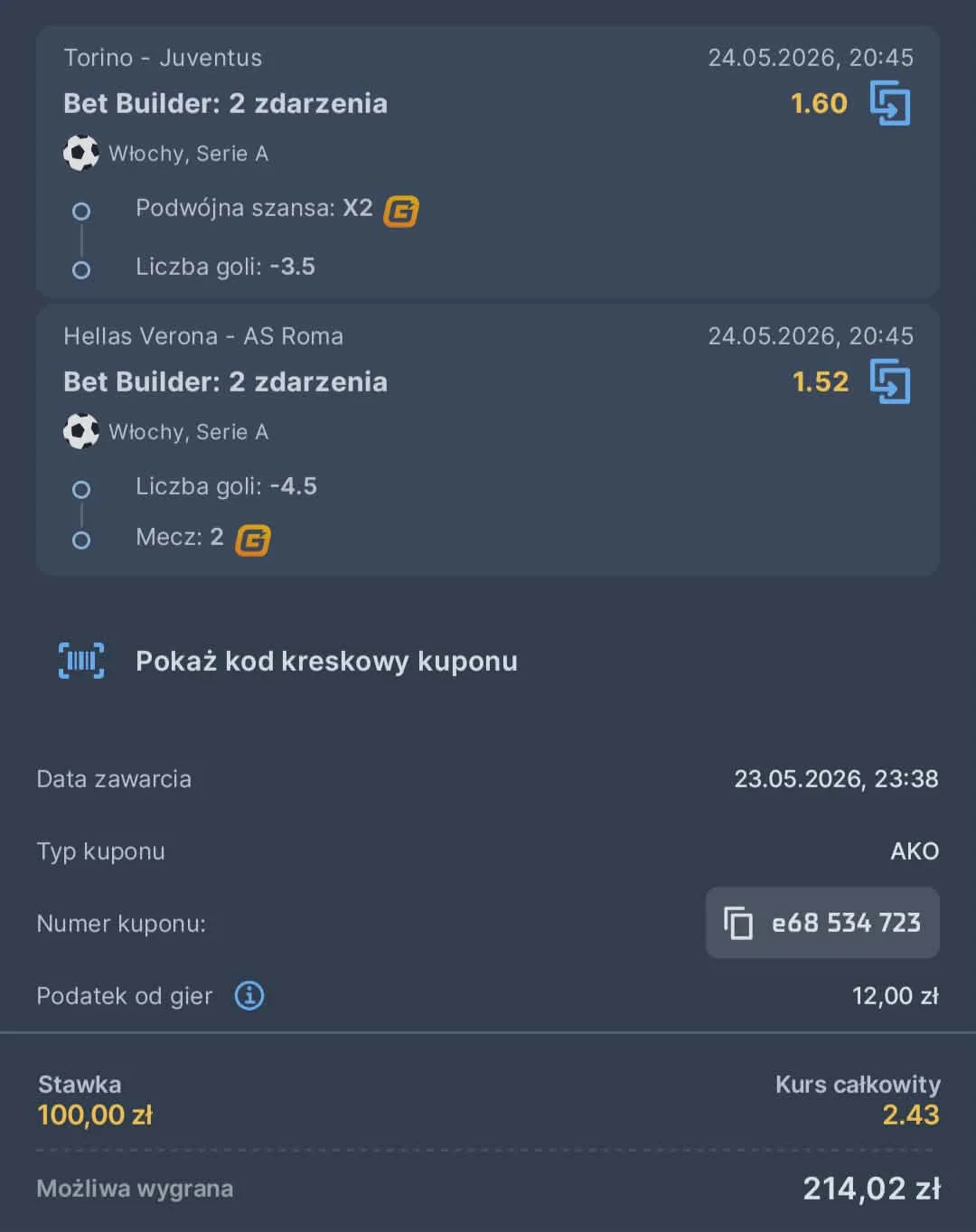 Kupon double Serie A 24.05.2026